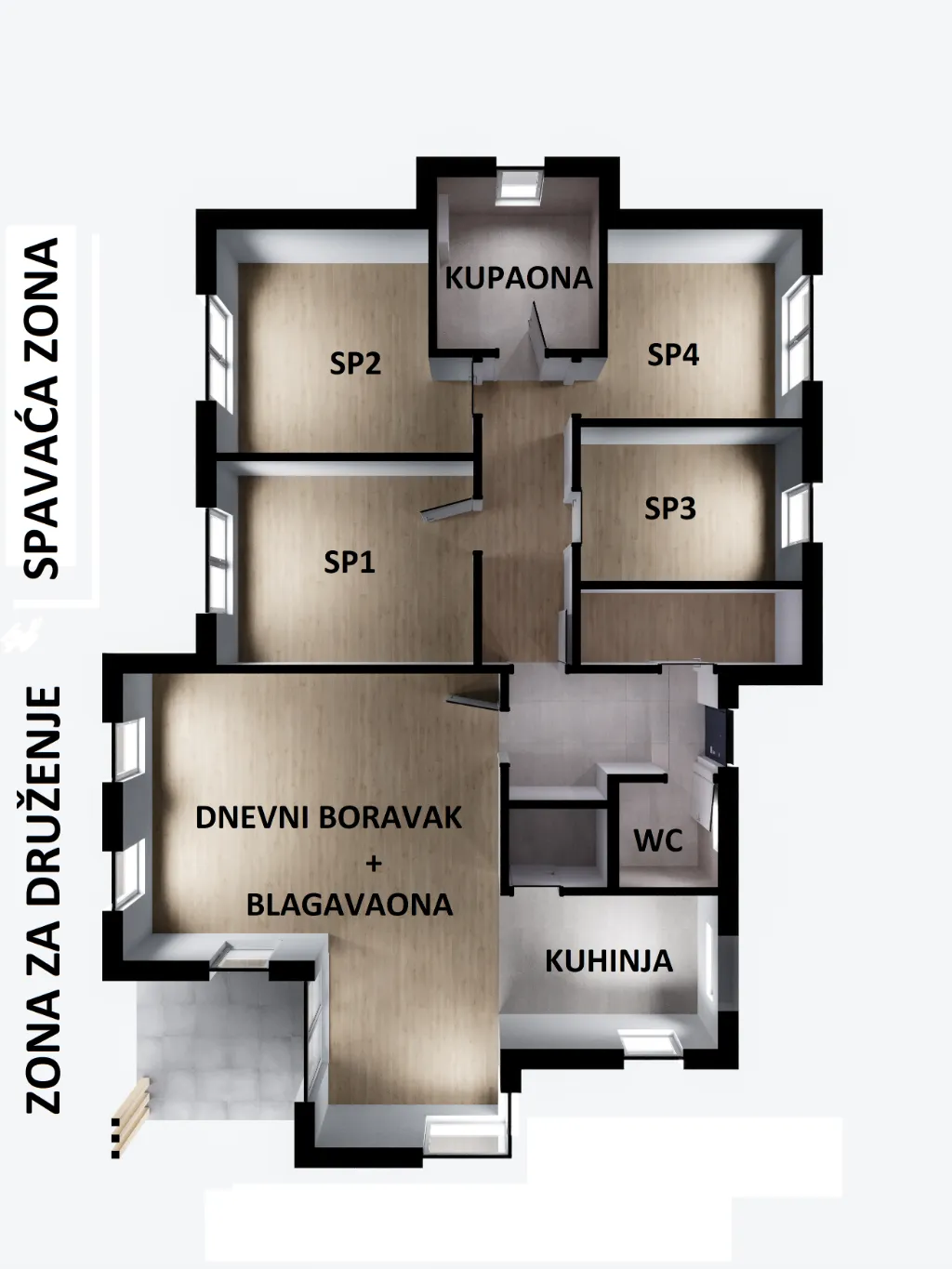 Tlocrt kuće u Eko naselju Hrašće s označenim zonama